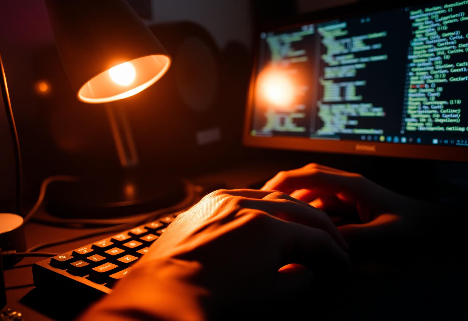 Engineer's hands typing in warm low light