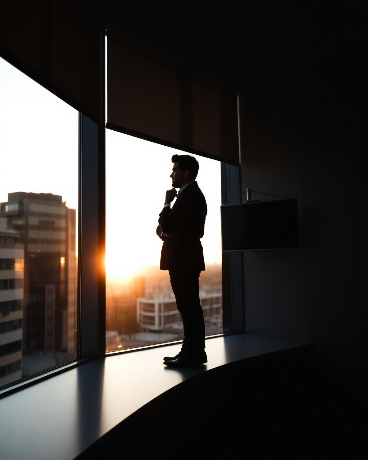 Silhouette of a professional at floor-to-ceiling windows during sunset